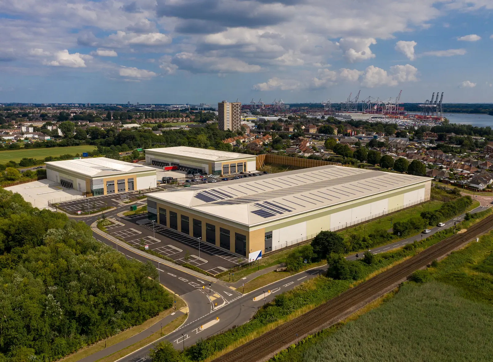 Drone view of South Central logistics park, Southampton, with the docks behind