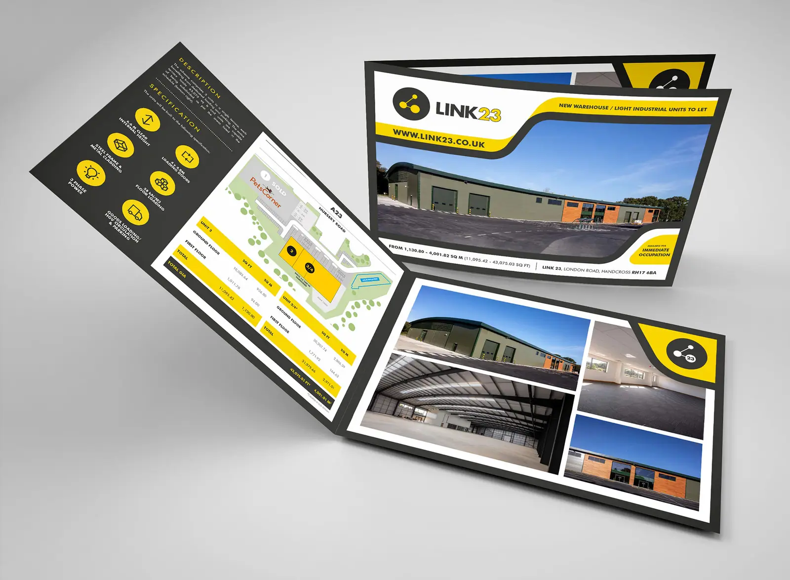 Link 23 folded brochure in black and yellow