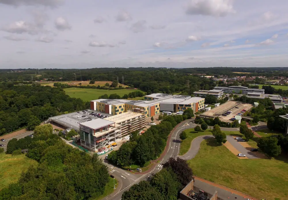 Drone view of One Springfield Drive under construction in Leatherhead