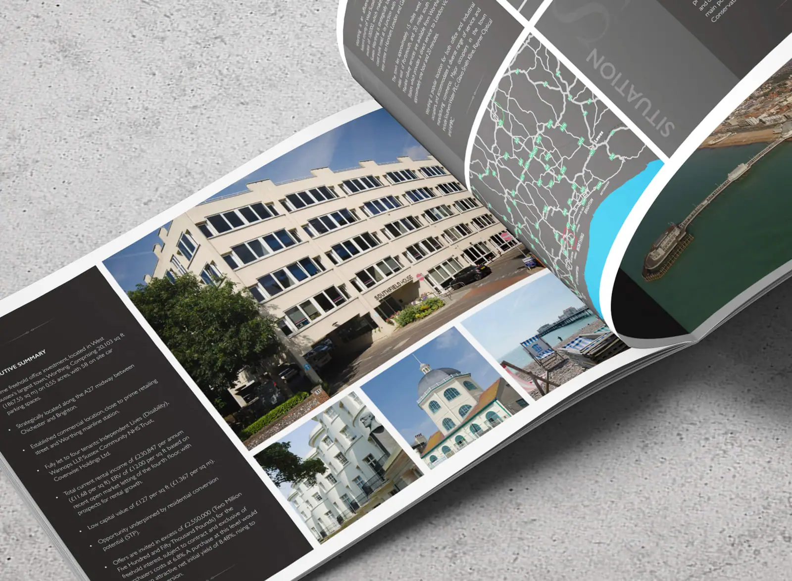 Office brochure spread with interior photography