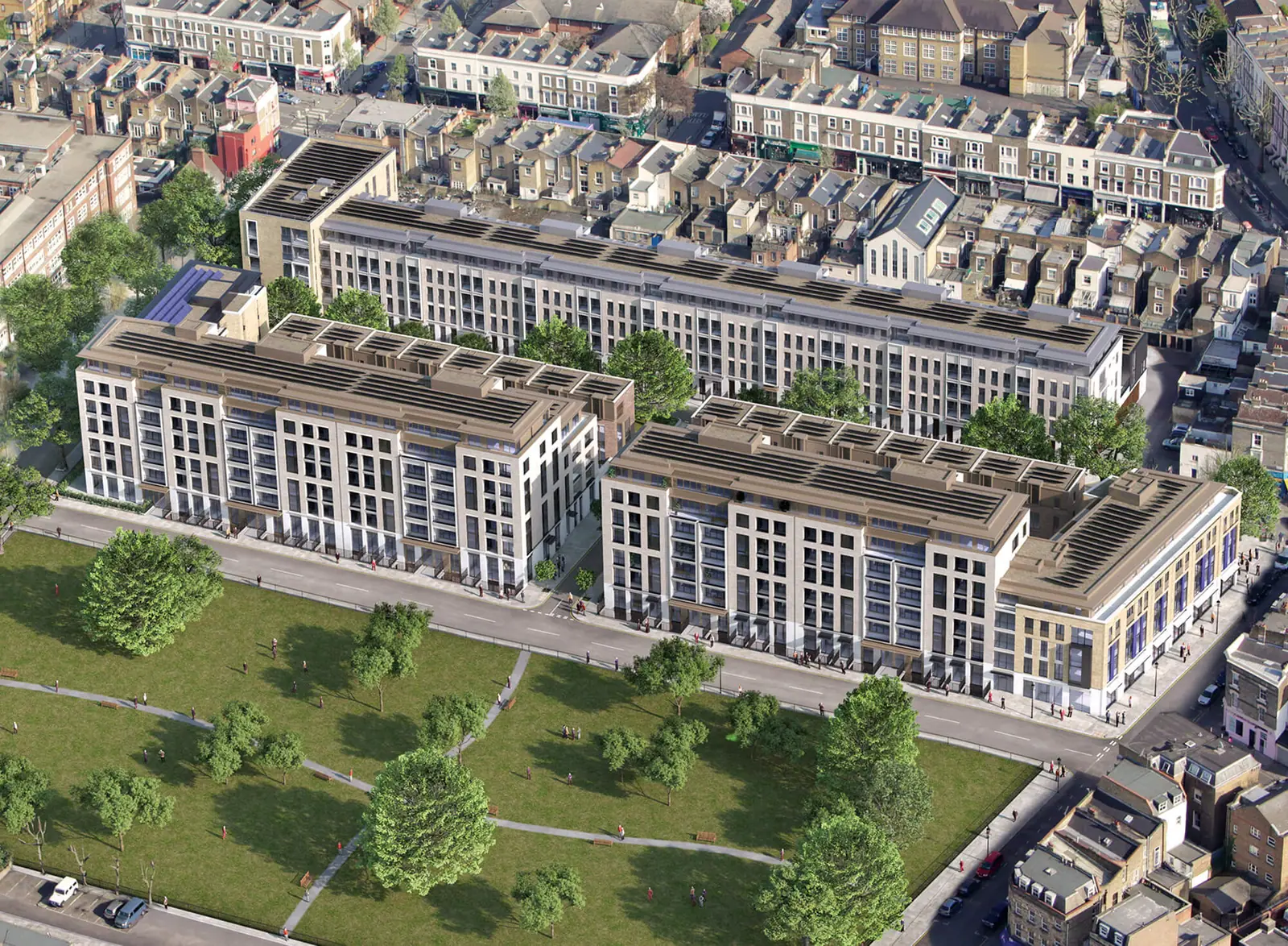 CGI aerial view of a mixed-use development