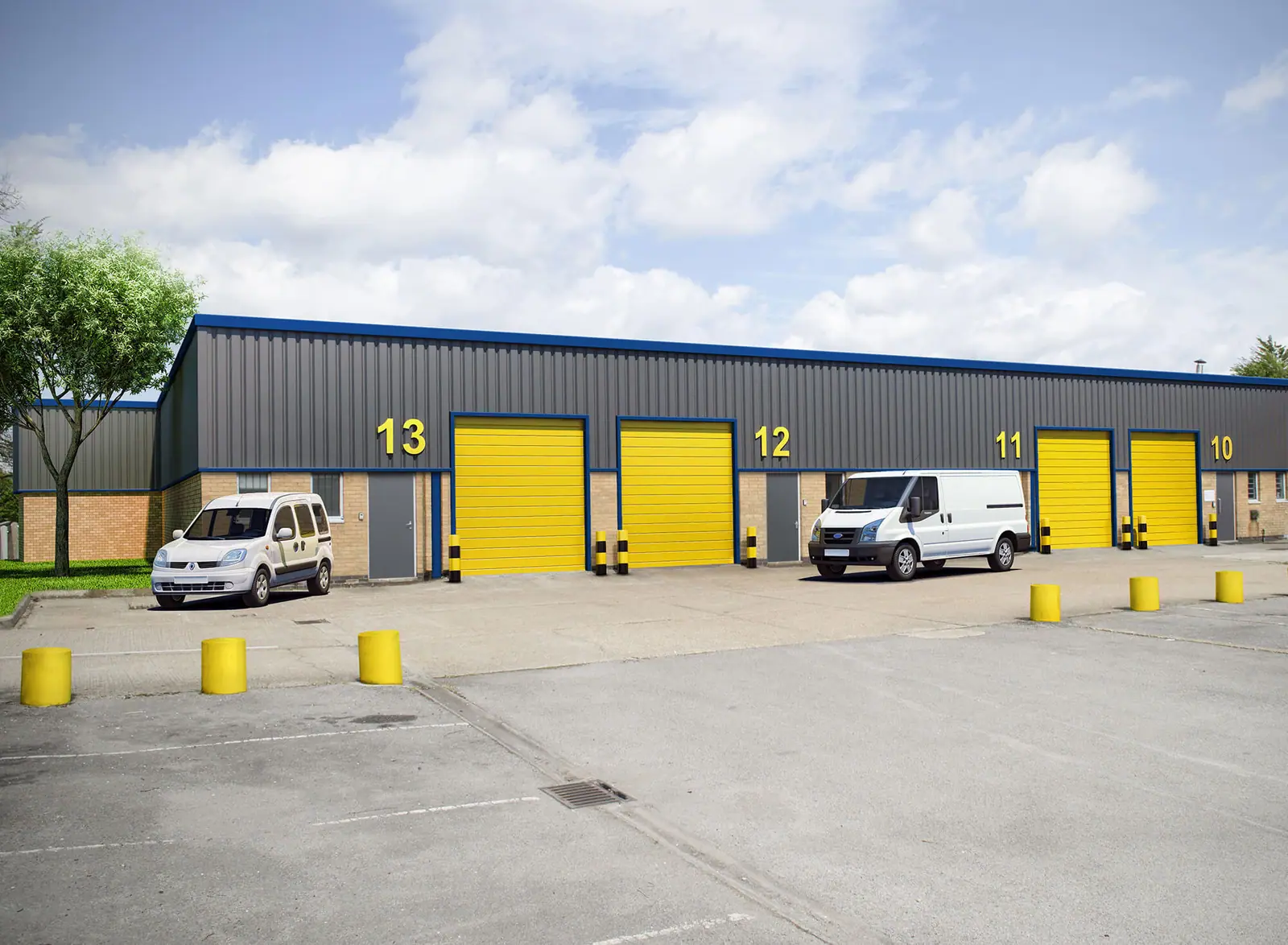 CGI of trade units with yellow doors