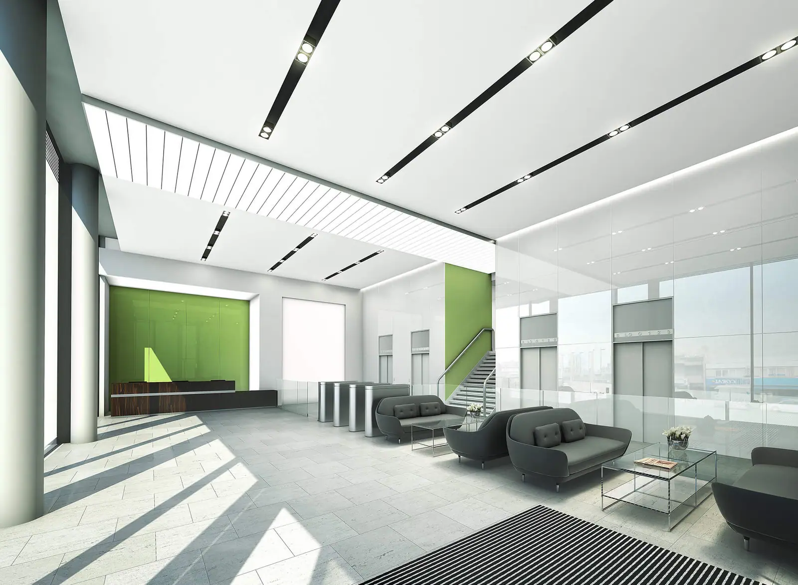 CGI of a bright office interior with a green feature wall