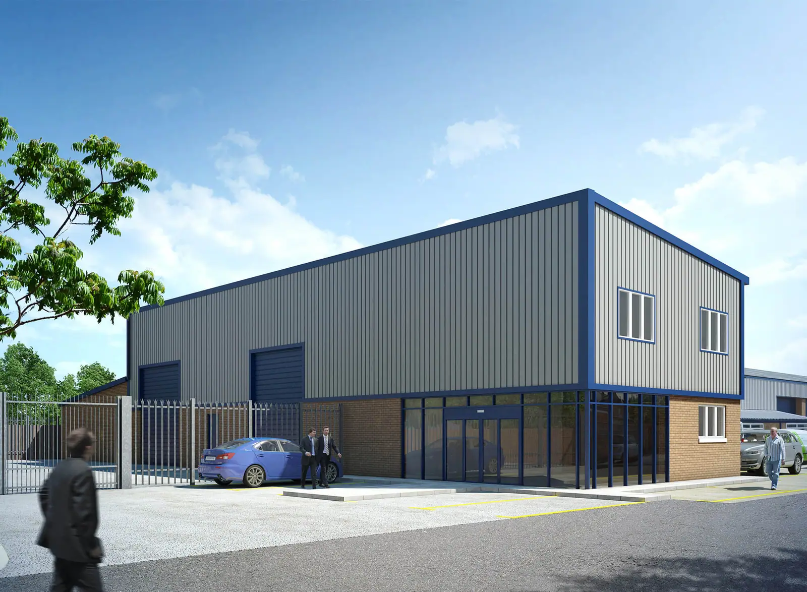 CGI of a modern industrial unit with blue doors