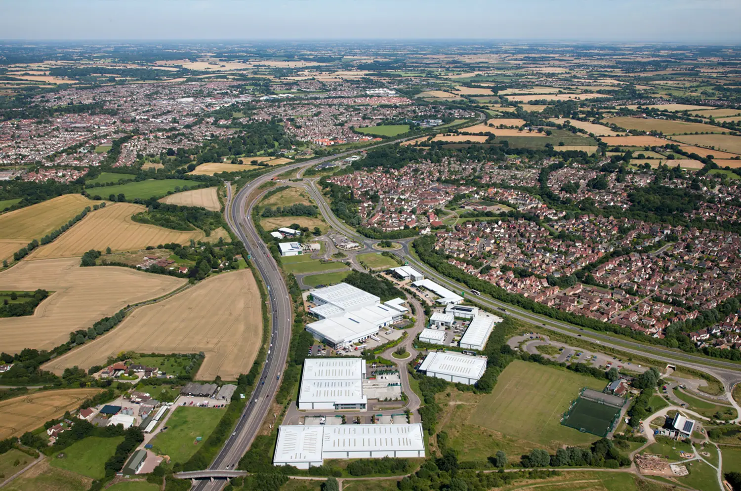 Aerial photograph of an industrial estate among fields