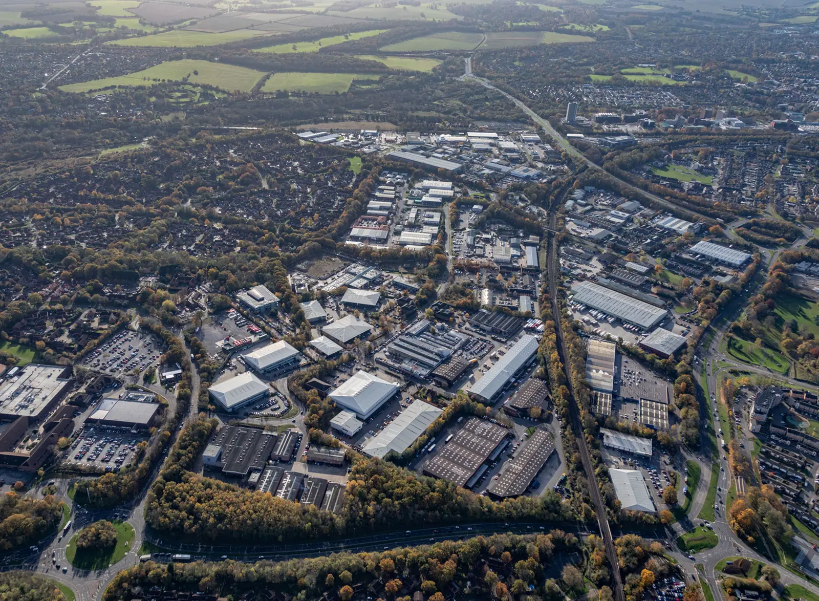 Aerial of an industrial area by a river