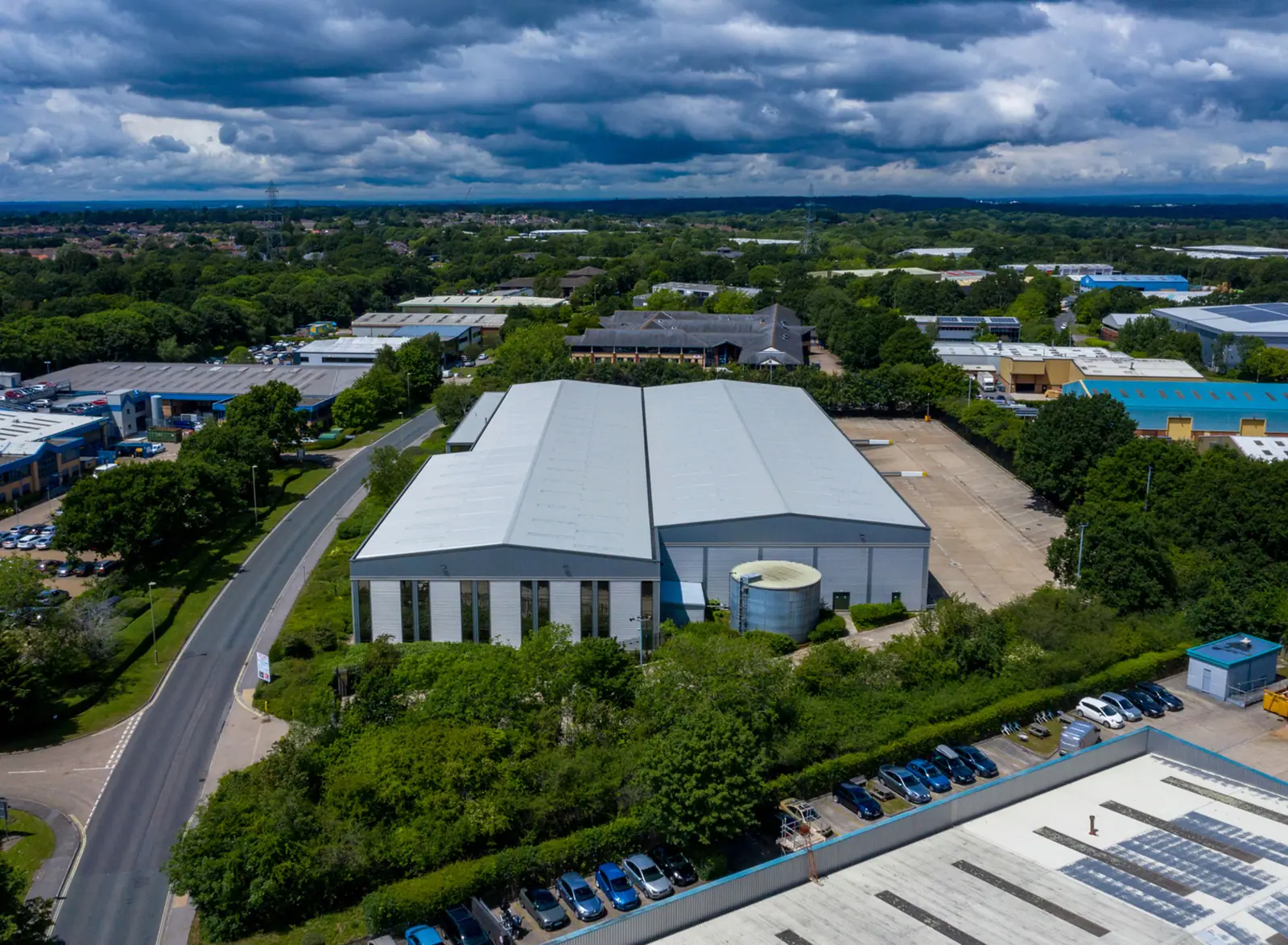 Drone view of a distribution centre beside a road