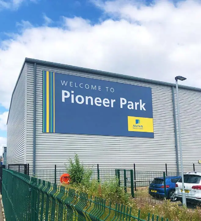 Pioneer Park welcome flexface sign
