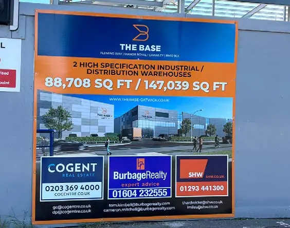 'The Base' hoarding panel with CGIs