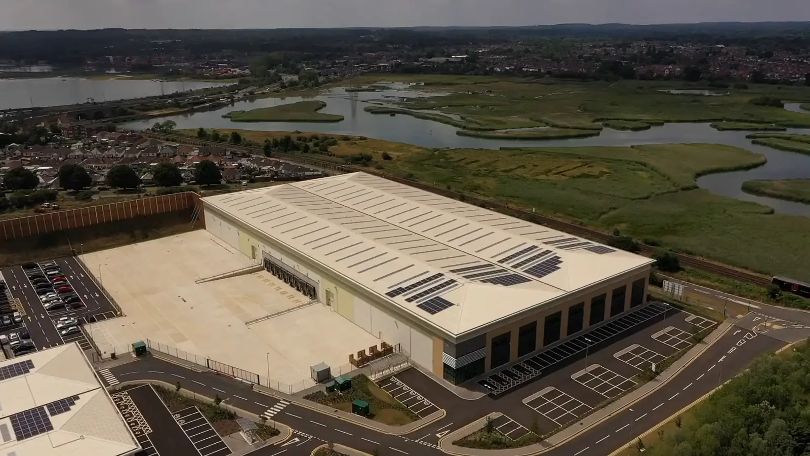 Drone footage over South Central logistics park, Southampton