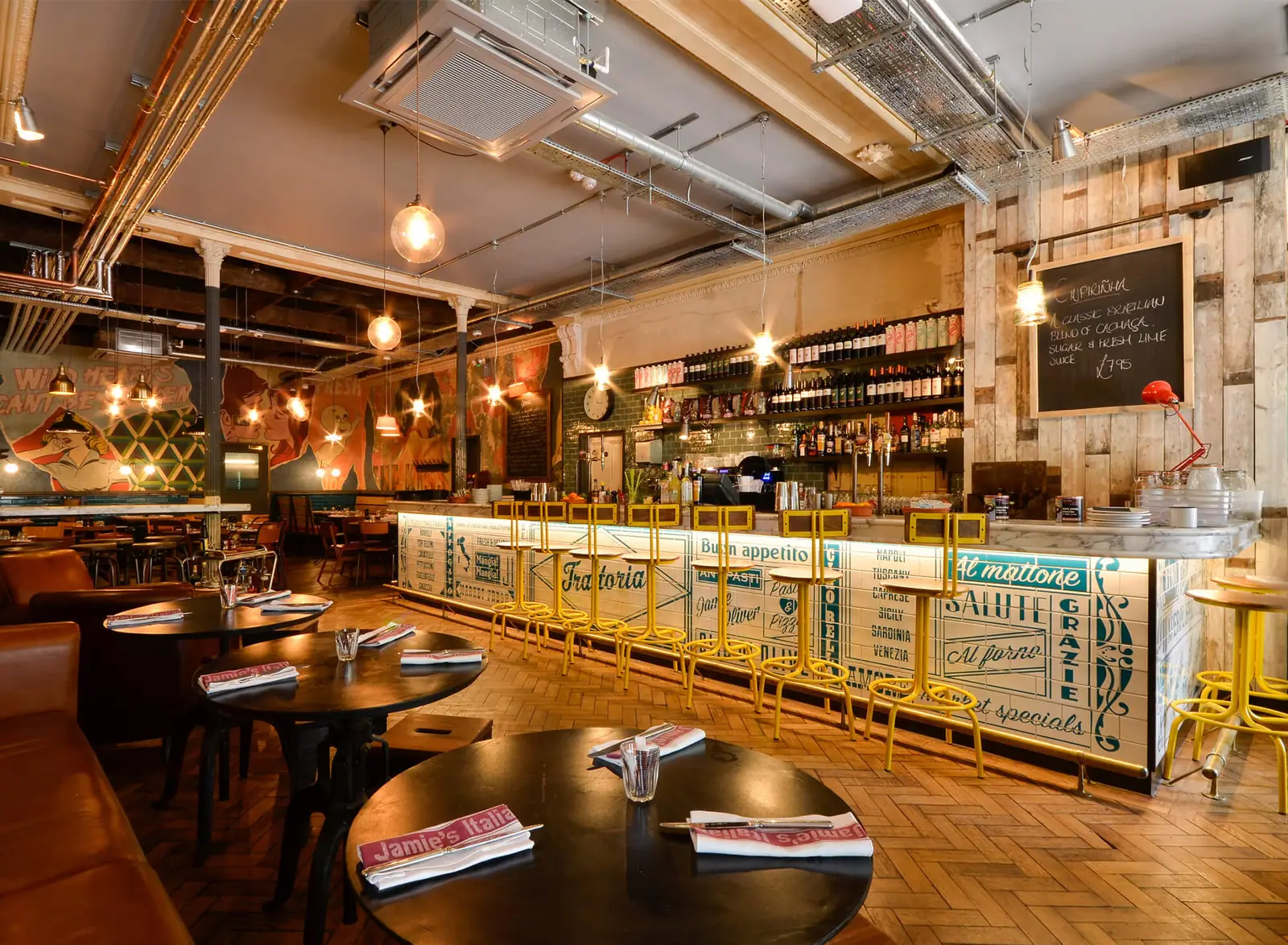 Restaurant interior with bar and dining tables