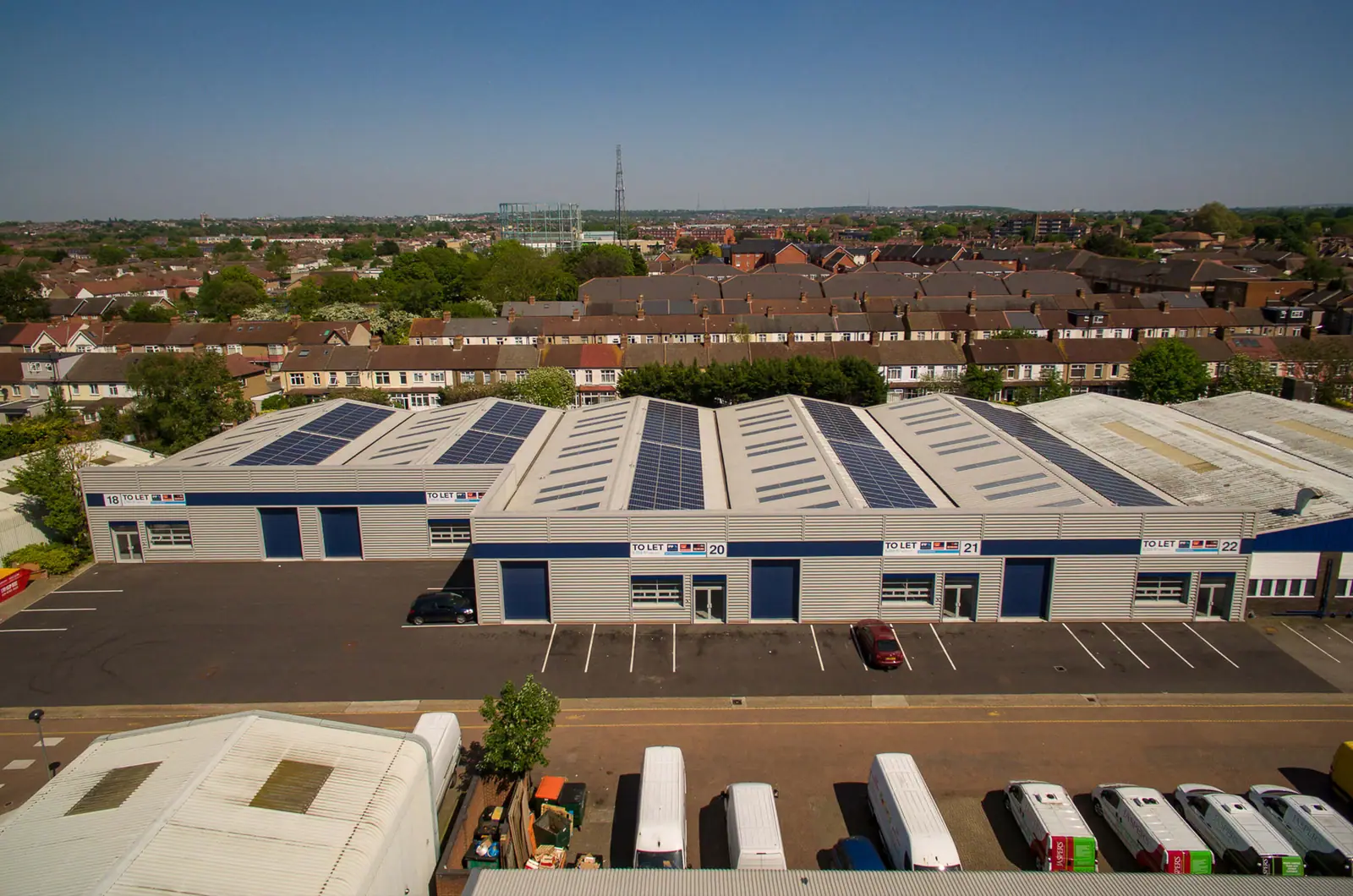 Drone photograph of the estate's solar-panelled roofs