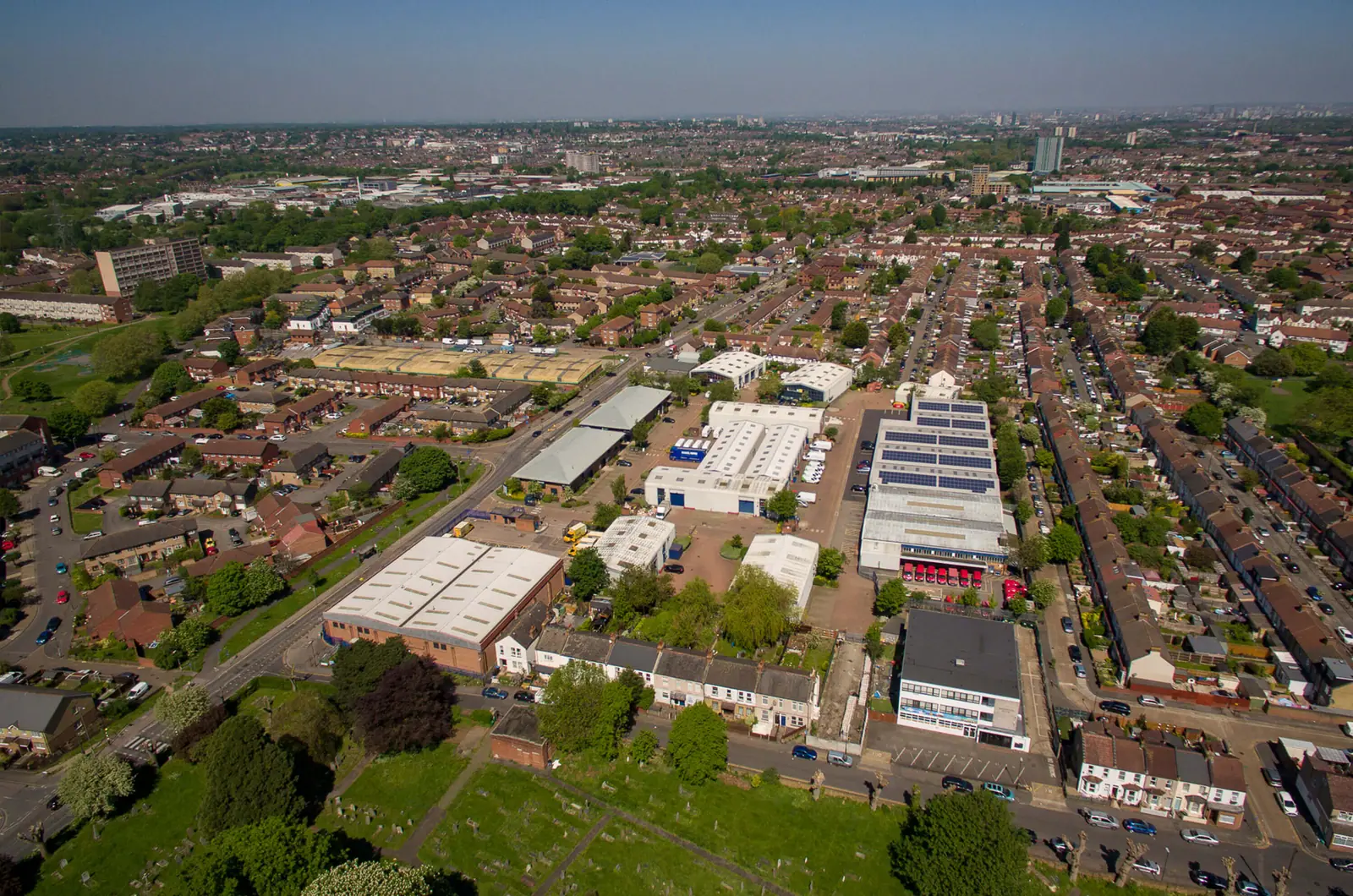 High aerial view of the estate looking towards central London