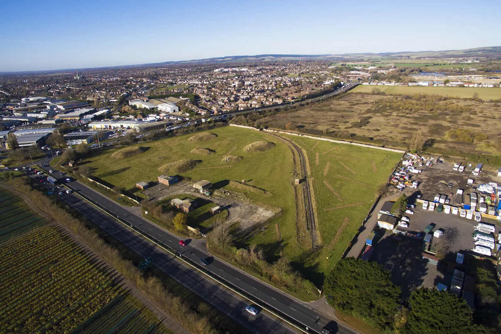 Drone photograph of the Cathedral Business Park site beside the A27, Chichester