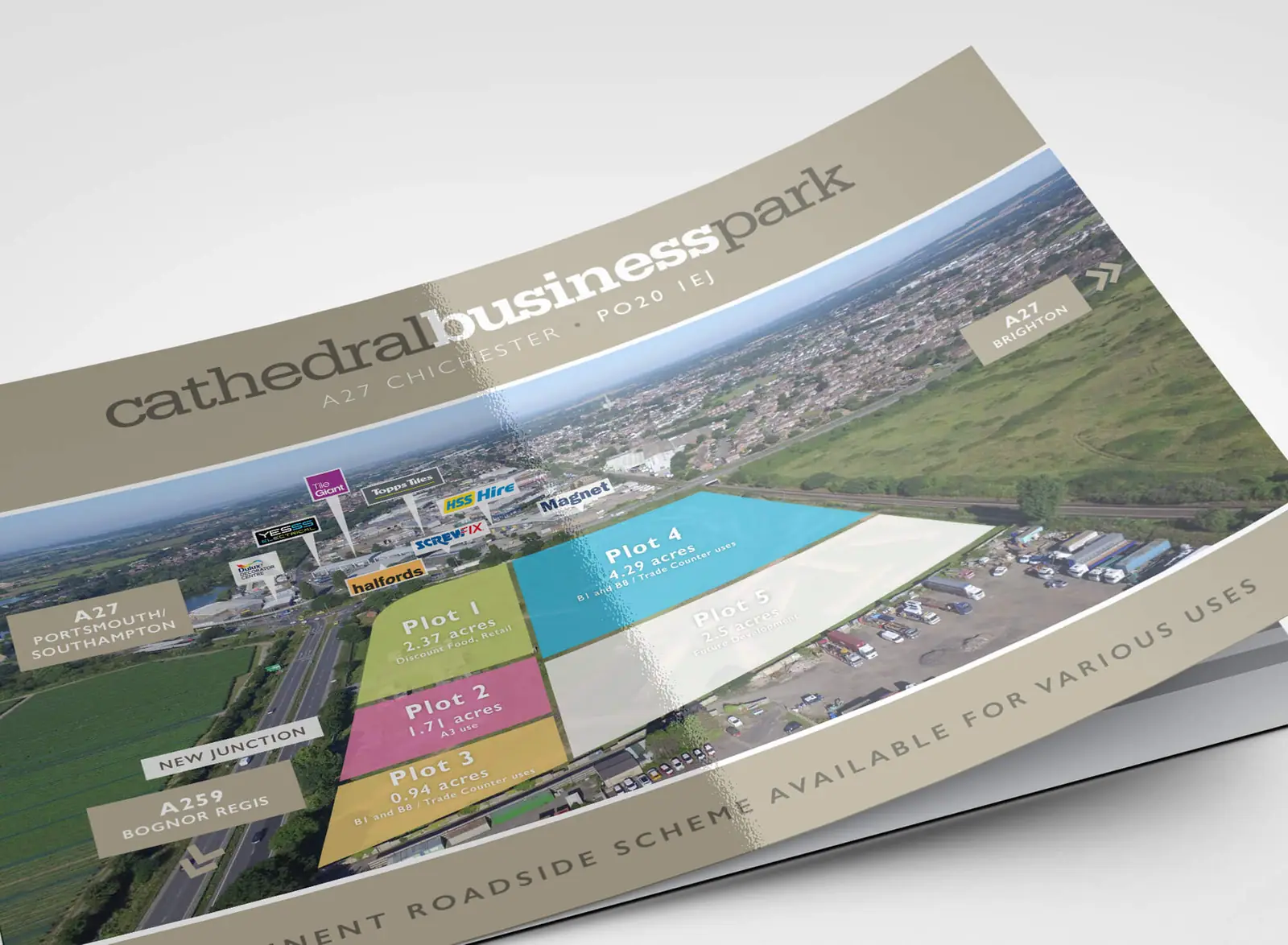 Cathedral Business Park brochure cover with plot colours over an aerial photo