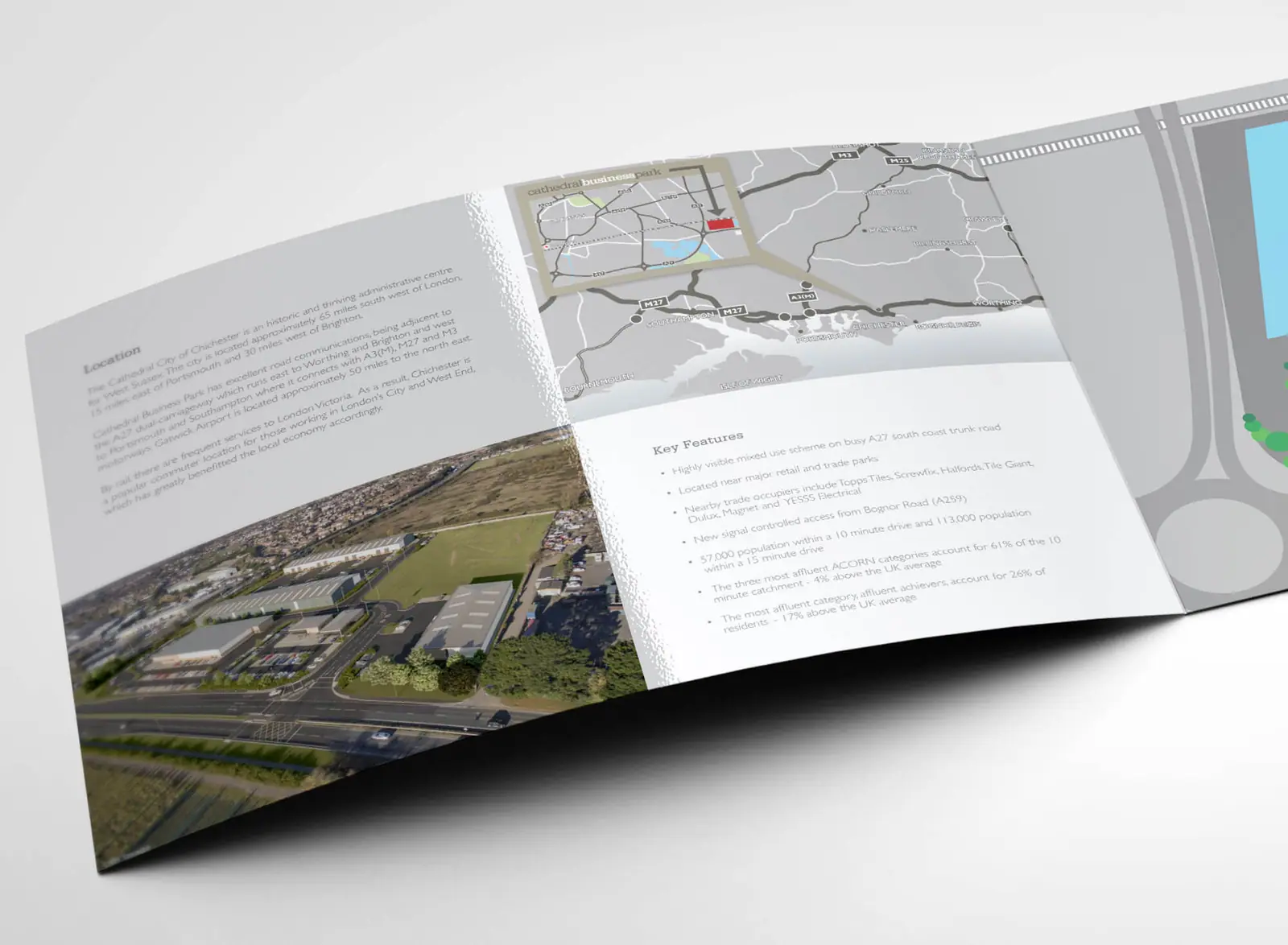 Brochure spread with location maps