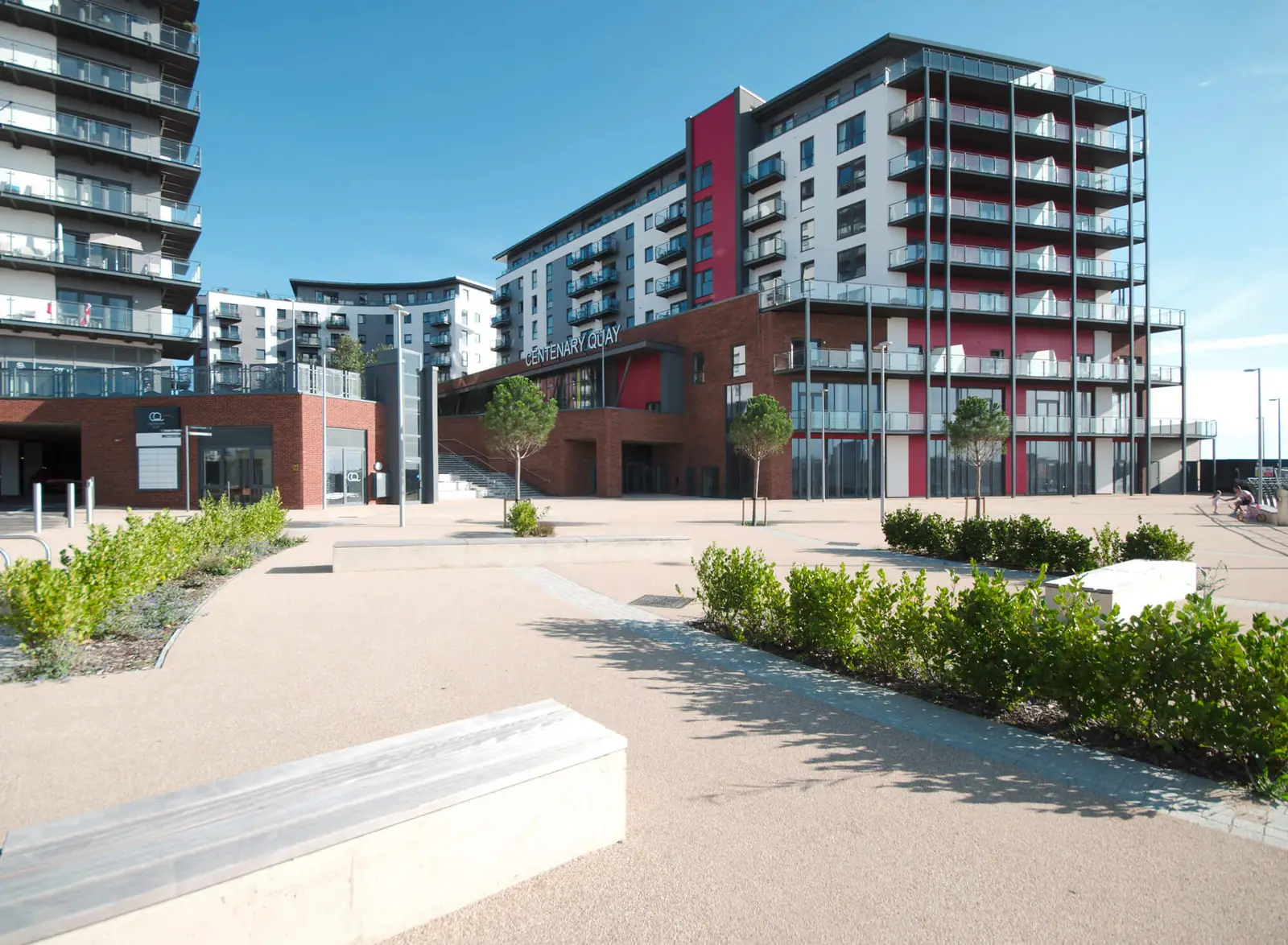 Centenary Quay's public square and apartment buildings