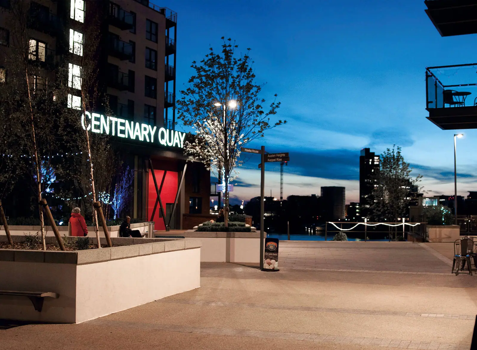 Centenary Quay sign at twilight