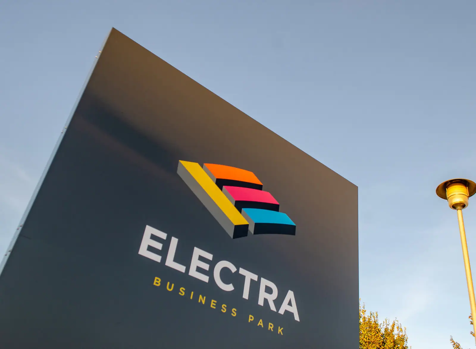 Close-up of the Electra logo on a sign panel