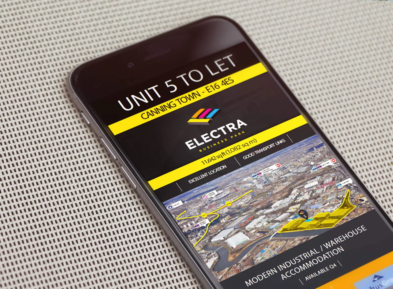 Electra 'unit 5 to let' email mailer on a phone