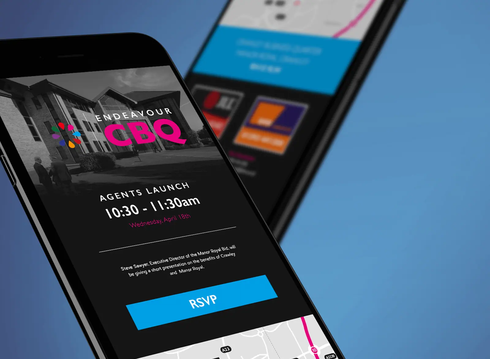 Endeavour CBQ agents' launch invitation on a phone