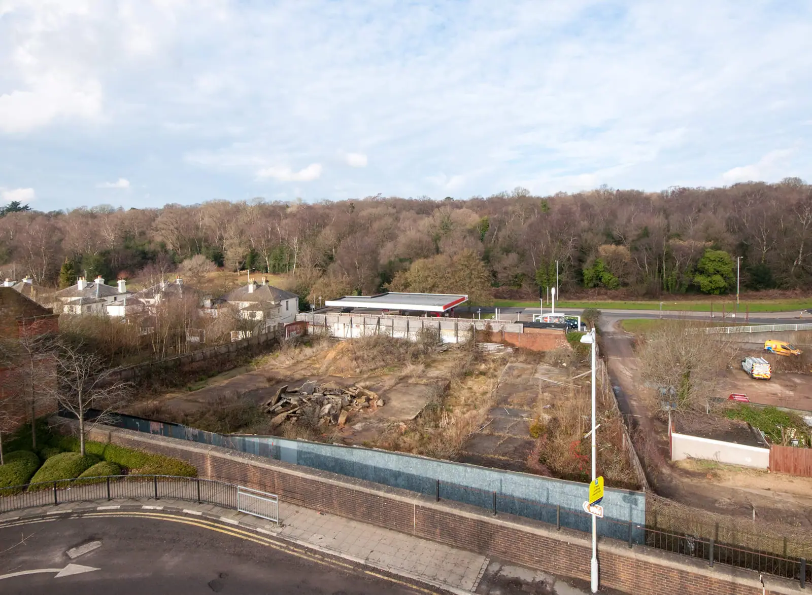 Elevated view of the site boundary and neighbouring buildings