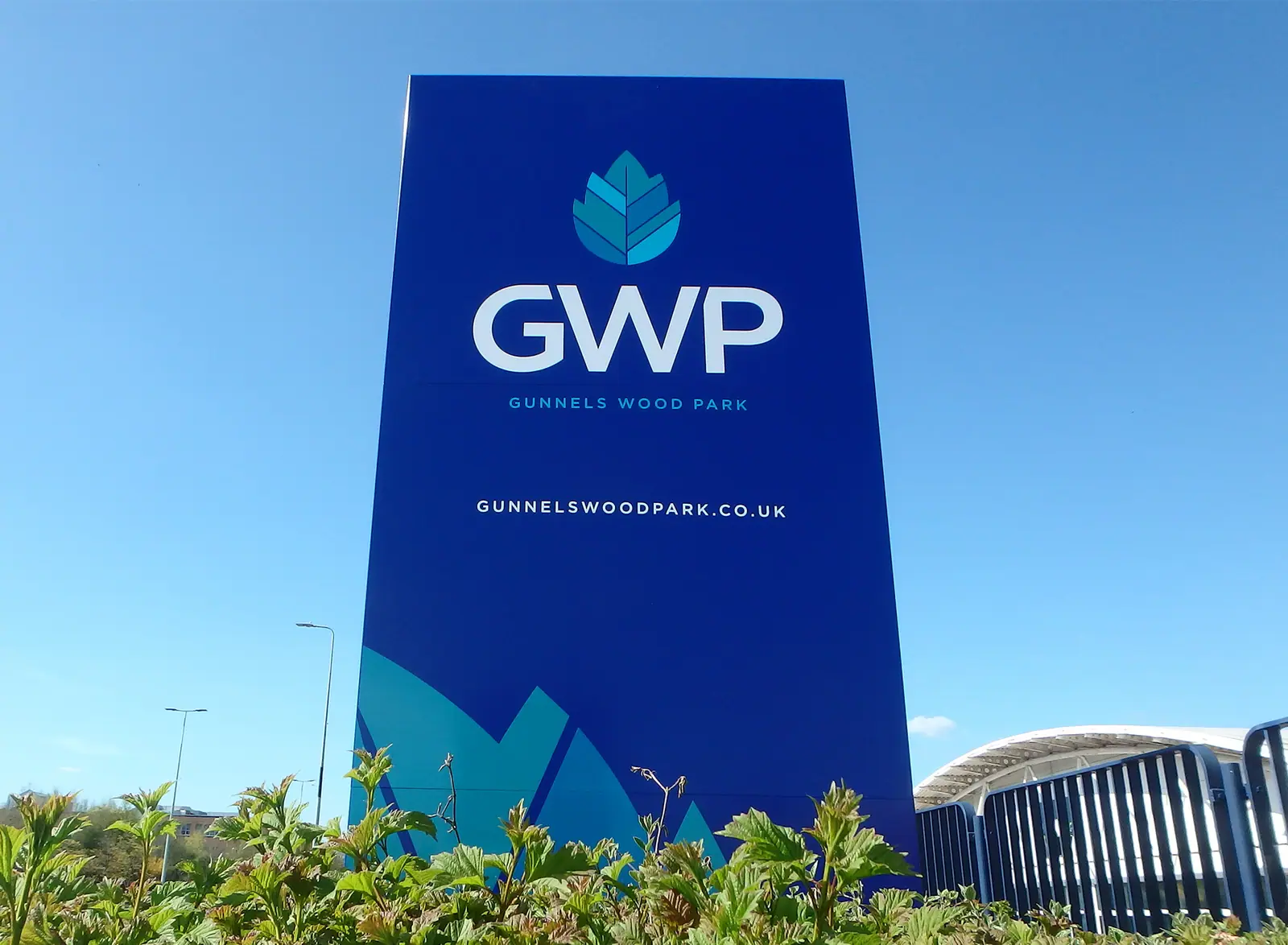 Gunnels Wood Park blue totem with the GWP logo