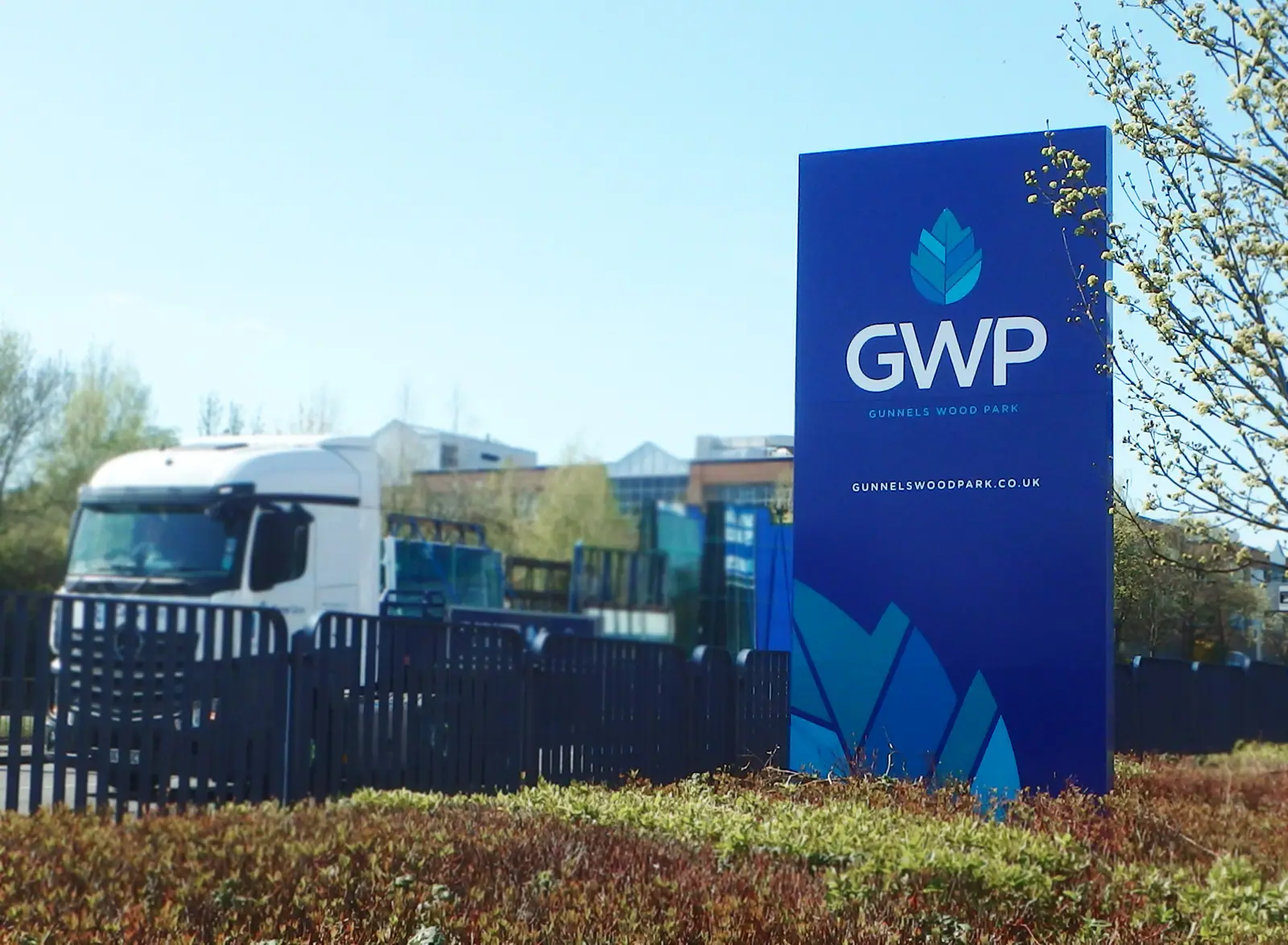 GWP totem at the estate entrance with a lorry passing