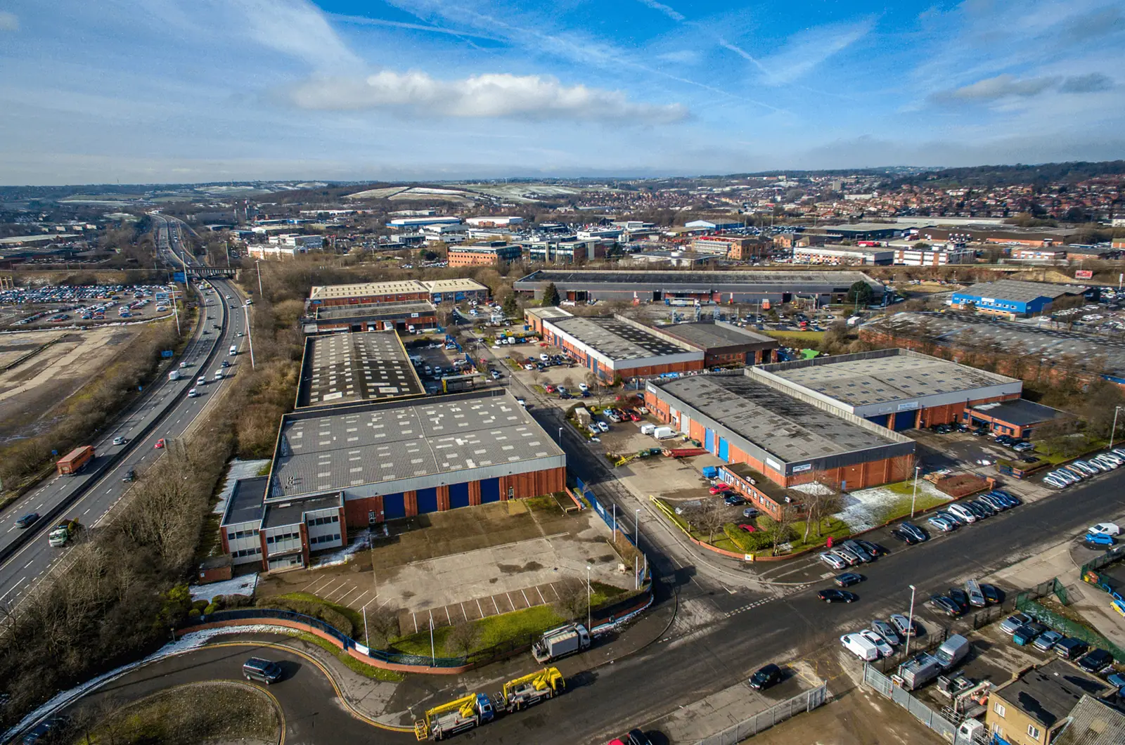 Wide aerial of Latchmore Park and the surrounding road network