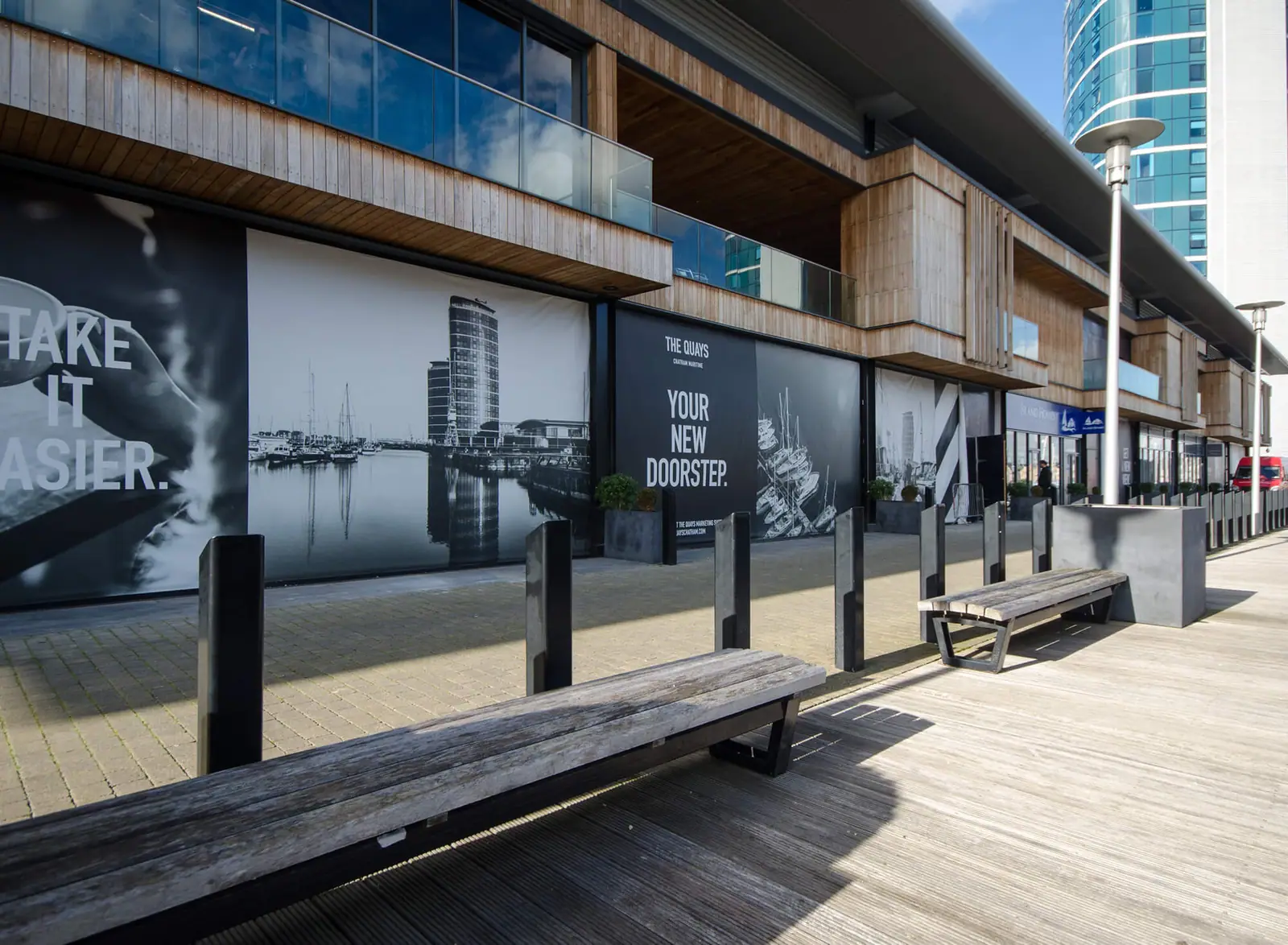 Shopfronts along the Pier 5 boardwalk