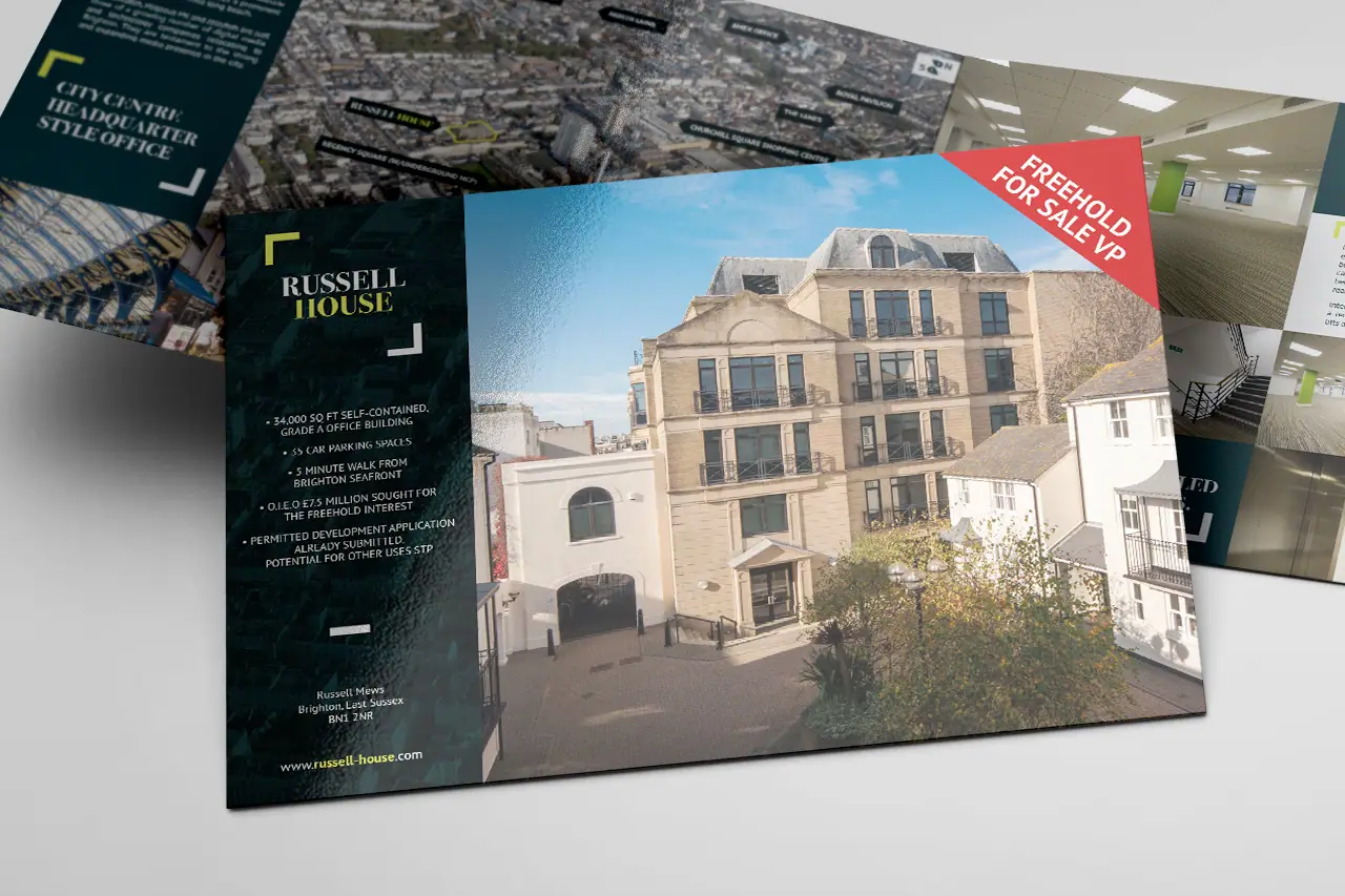 Russell House brochure with an elevated photograph of the building