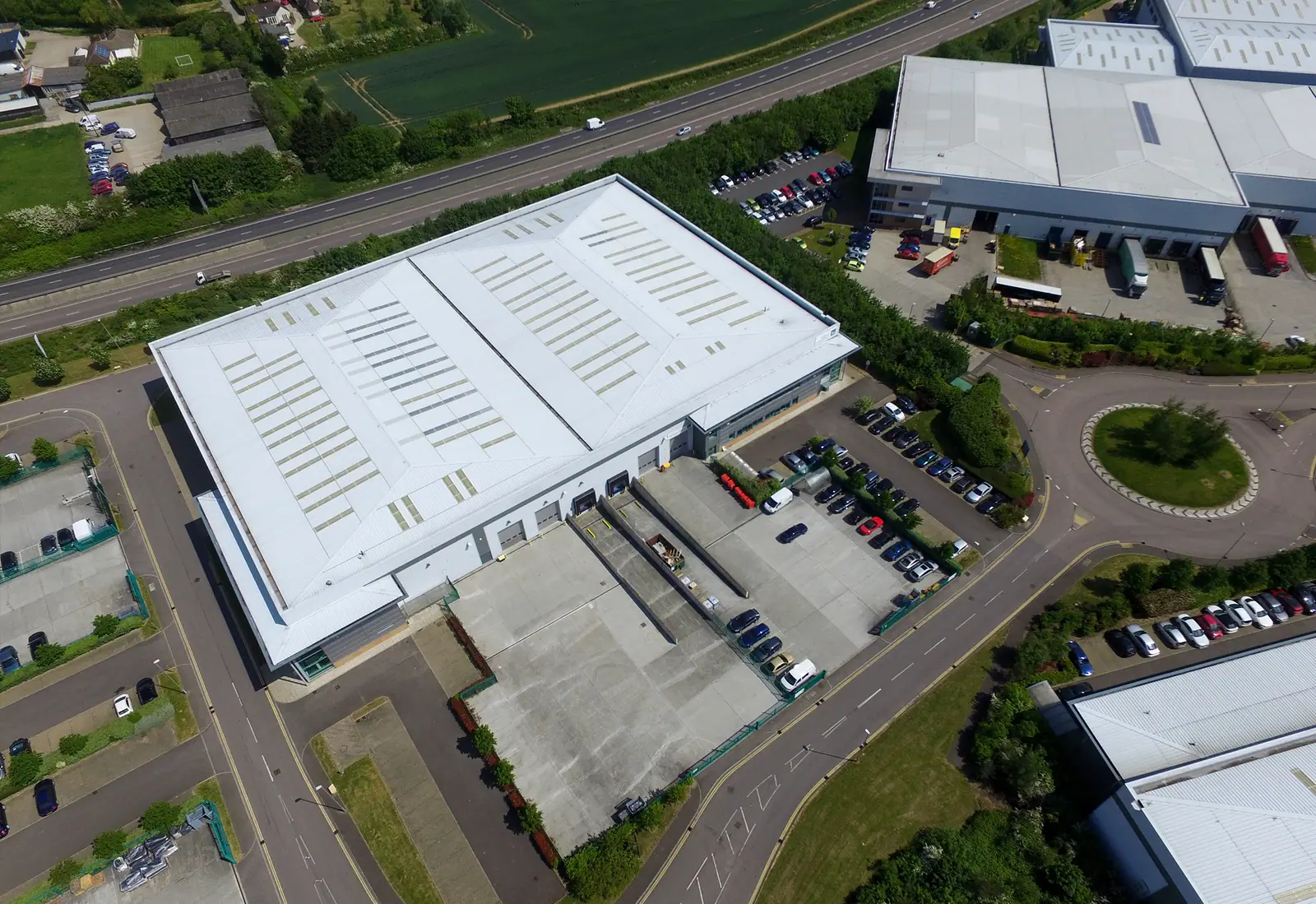 Overhead drone view of the Skyline 120 warehouse and yard