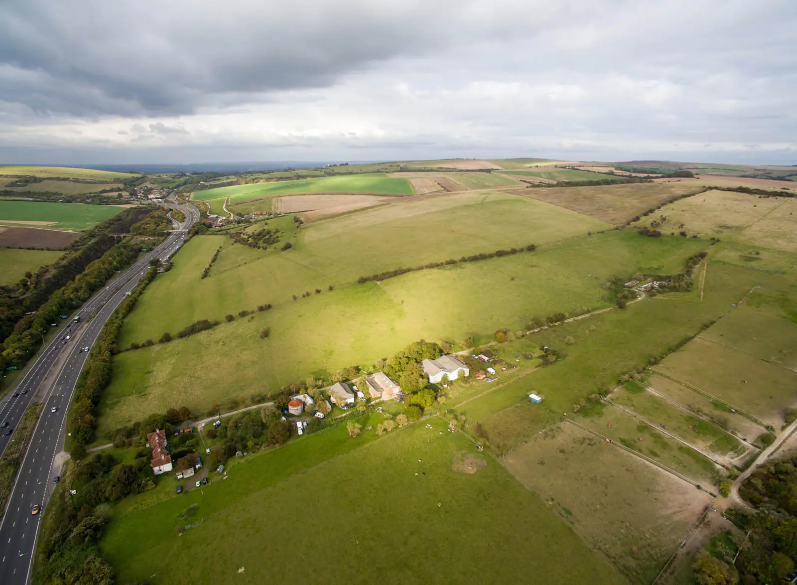 South Hill Farm beside the A23, seen by drone