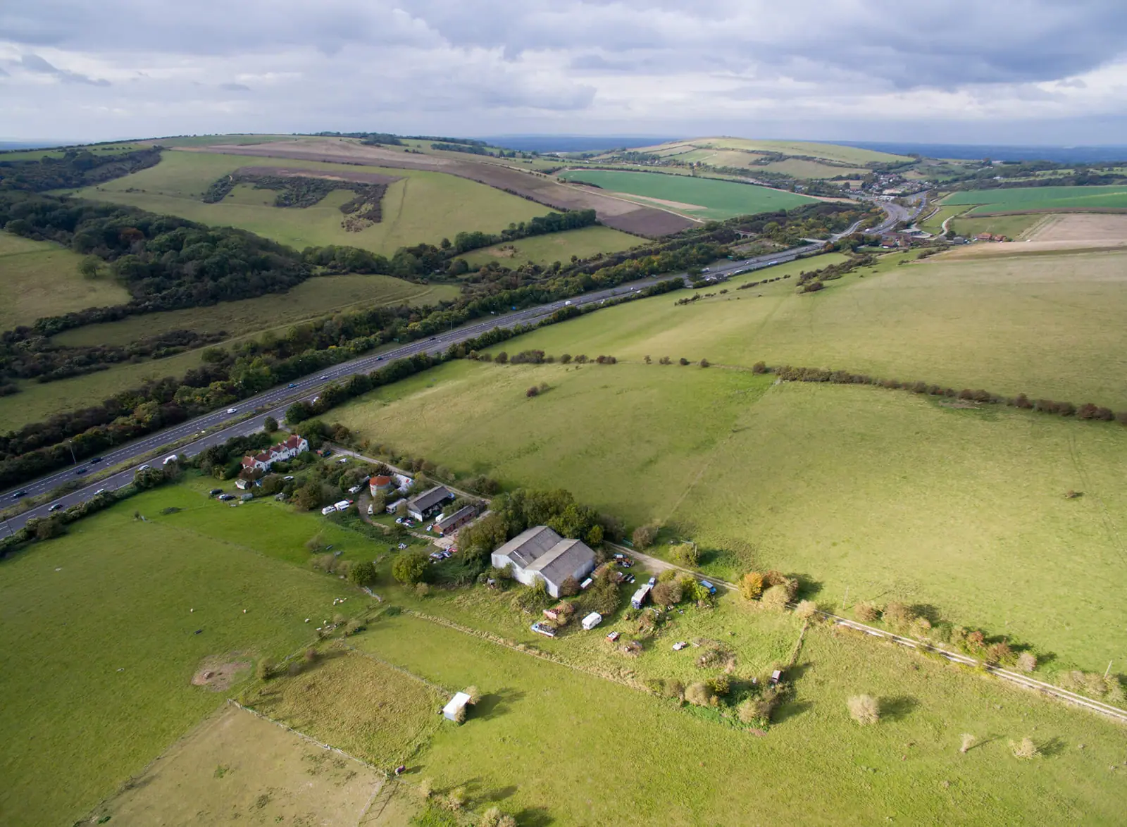 Drone view over South Hill Farm towards the South Downs