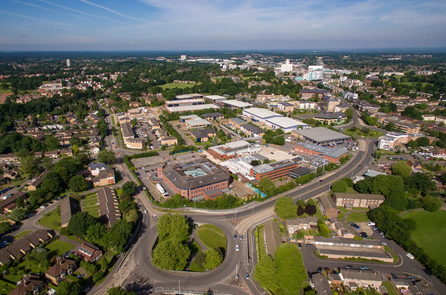 Wide aerial over Bracknell's business district