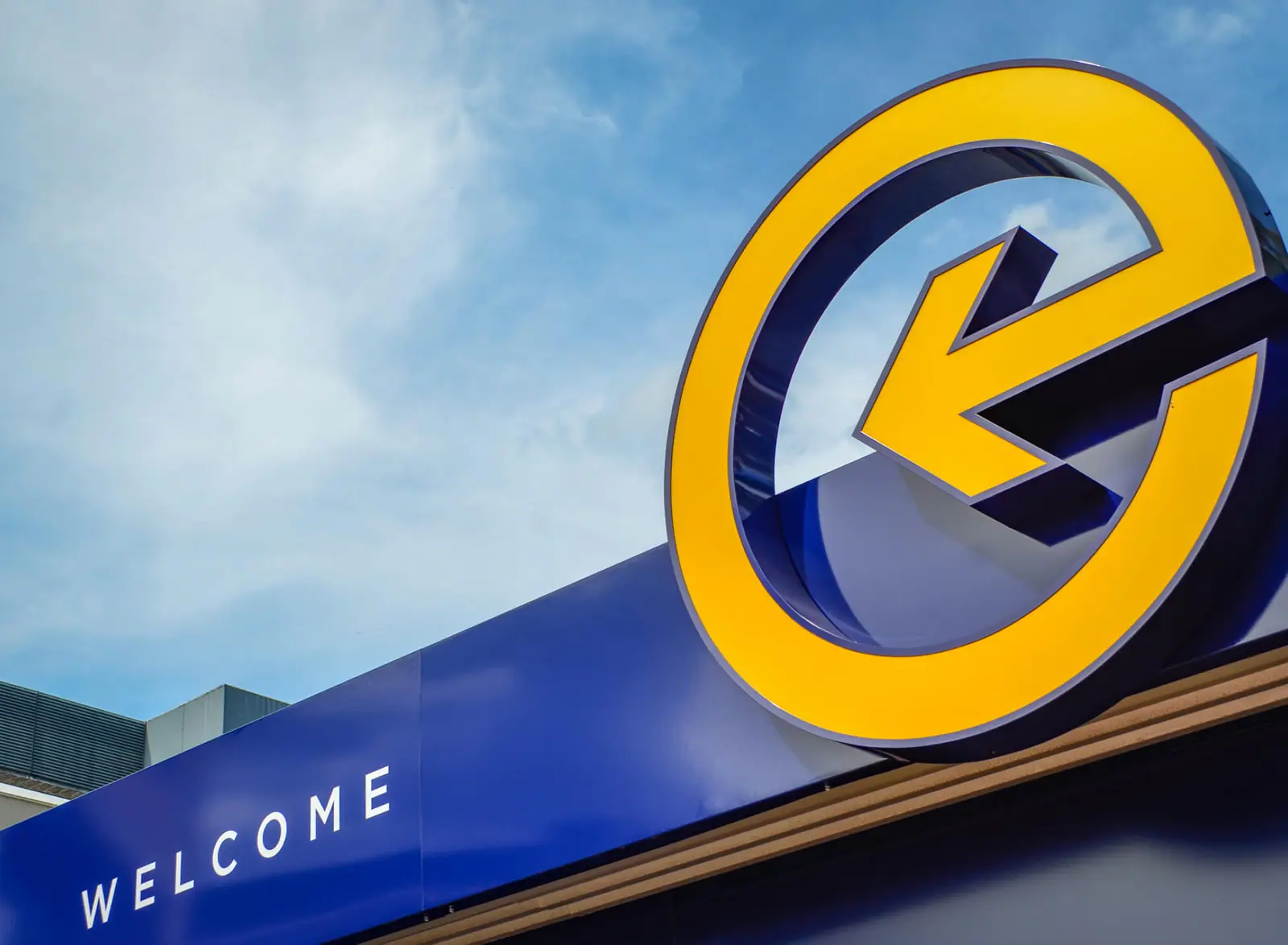 Close-up of the illuminated West Cross 'e' symbol